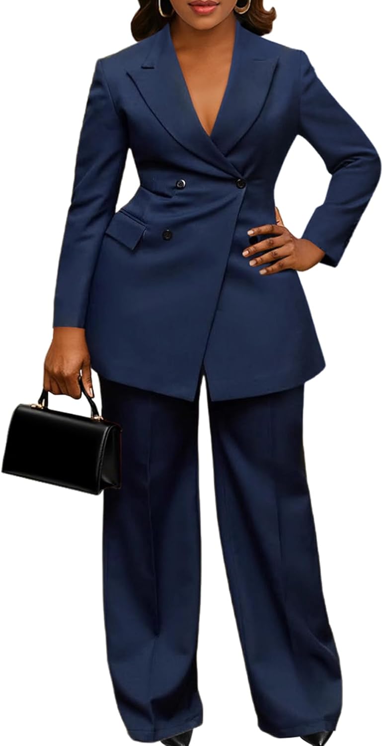 Tcremisa Blazer Sets for Women 2 Piece Pants Suit Dressy Double Breasted Blazer Pants Set Business Office Outfits