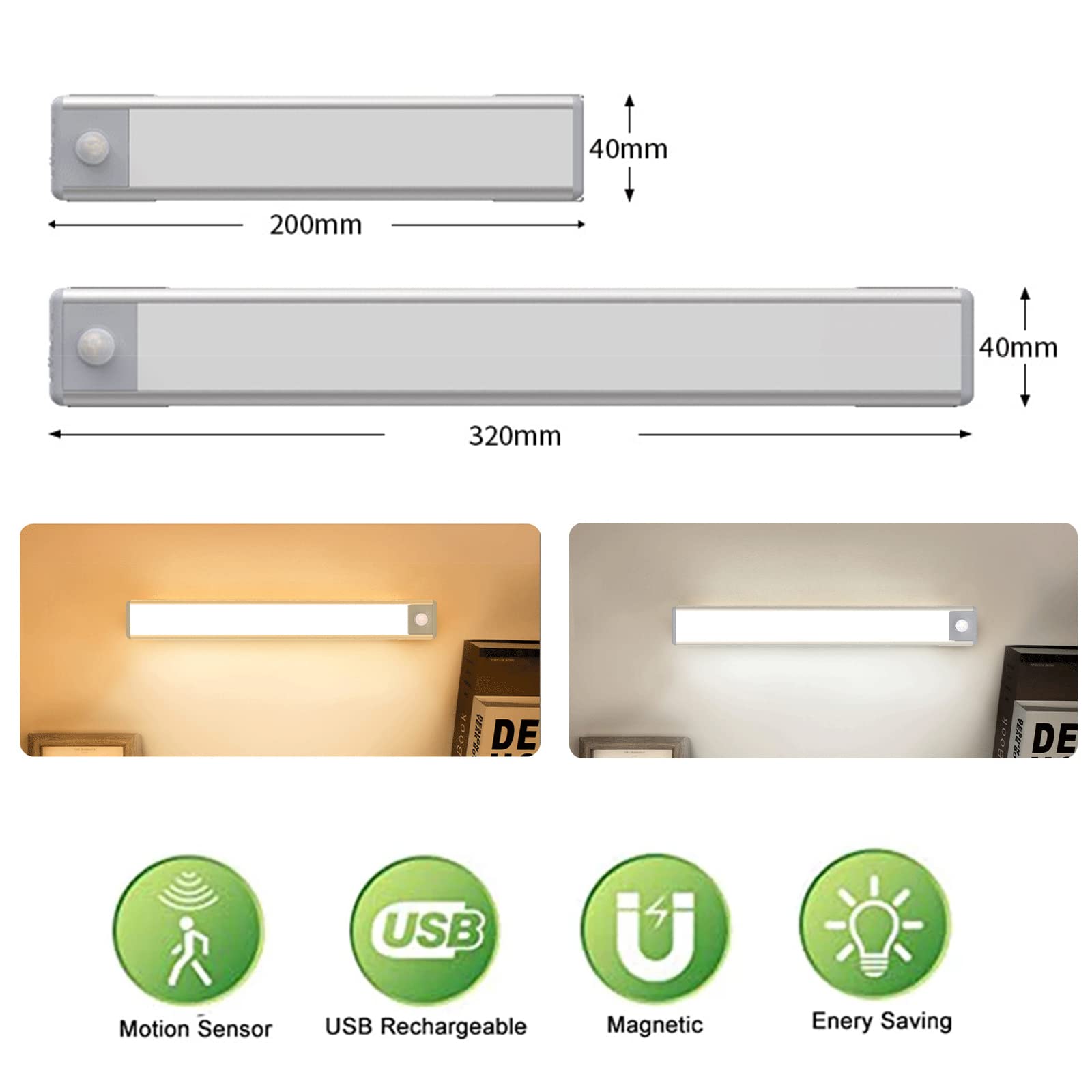 Luce Sottopensile Cucina Regolabile LED Luci Armadio Con Sensore Di Movimento Ricaricabile Luce Notturna Interna Lampada Per Illuminare Cucina, Sottoscala, Cantina, Corridoio,Bianca,20cm