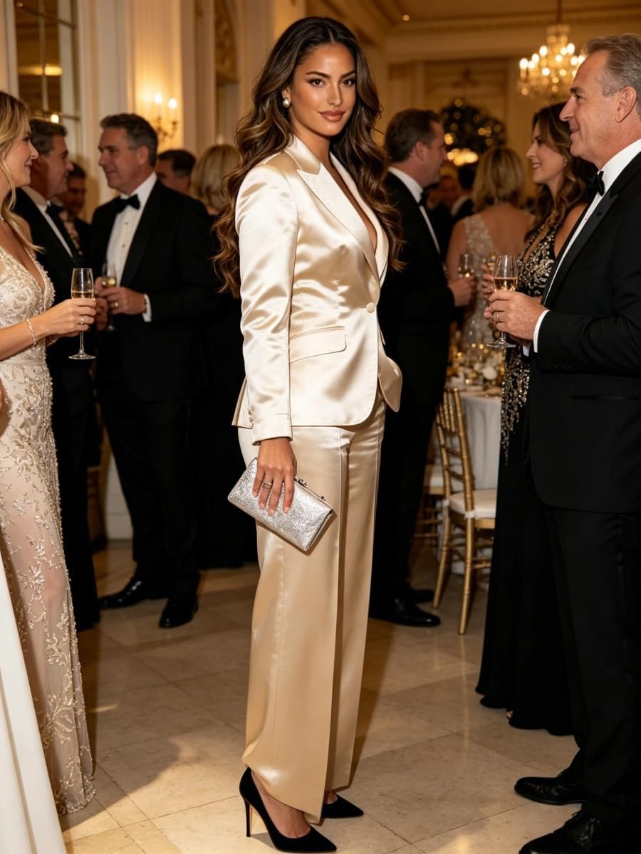 Satin Business Pant Suits for Women 2 PC Blazer Pants Prom Wedding Tuxedo Formal Wear