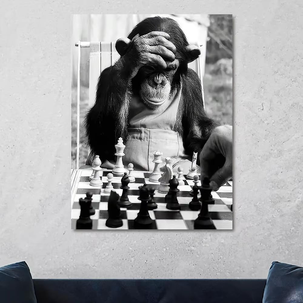 IHHGNB Classic Vintage Animal Wall Art Painting Monkey Playing Chess Canvas Prints Poster Home Living Room Bedroom Decorative(70x90cm(26x35in)/No frame)