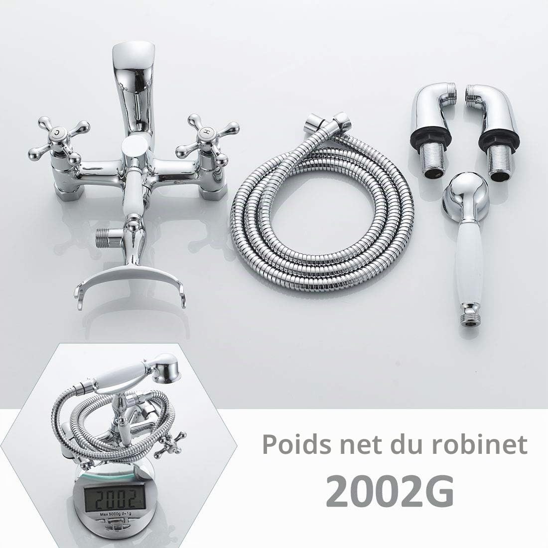 Robinets de baignoire victoriens avec douche, Luckyhome Ensemble traditionnel de mélangeur de baignoire à levier double 1/4 de tour, chromé