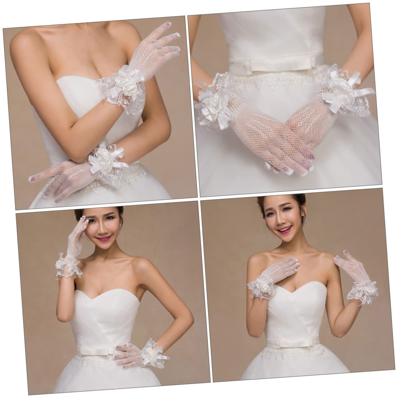 Abaodam Guantes de Novia de Malla y Encaje Floral Beige 1 Par