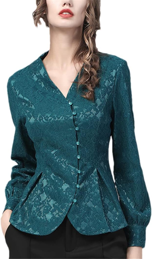 Vintage Women Lace Top Pearls Button Down Tunic Shirt Elegant Slim Office Ladies Blouses