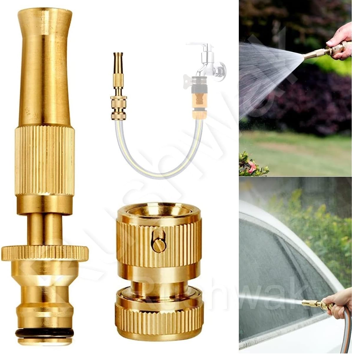 WhiteLey Brass Water Spray Nozzle - Adjustable for 1/2" Hose Pipe, Suitable for Car Wash & Gardening