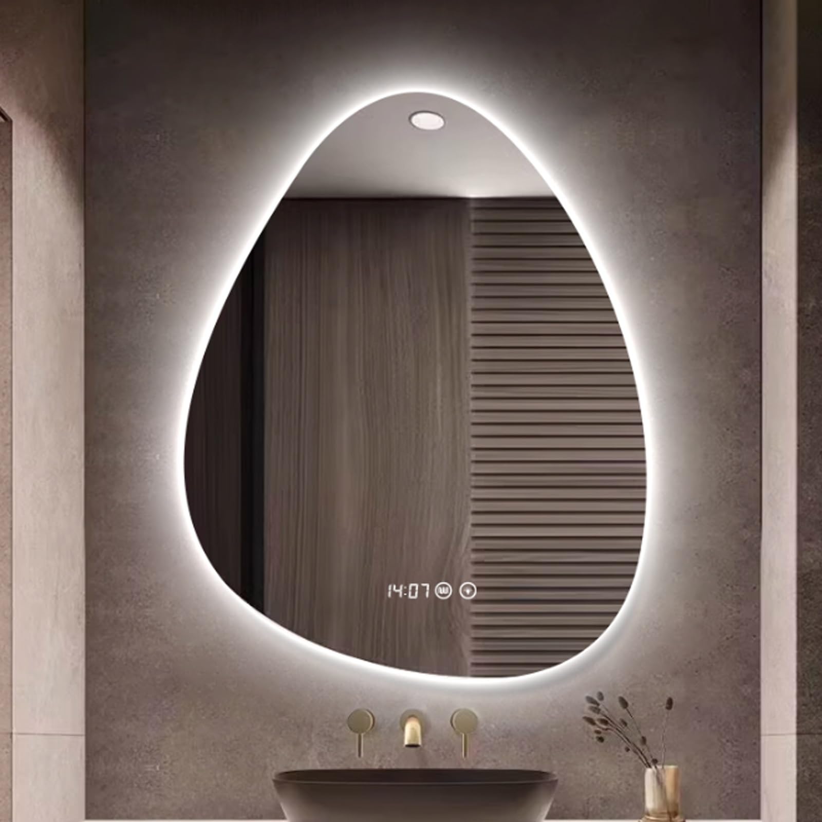 DECAKE Backlit Teardrop shape mirror bathroom irregular,smart wall mounted vanity with defogger,Mirror Frameless Wall Mounted Time and temperature display,3-color lighting(50 * 70cm/19.7 * 27.6in