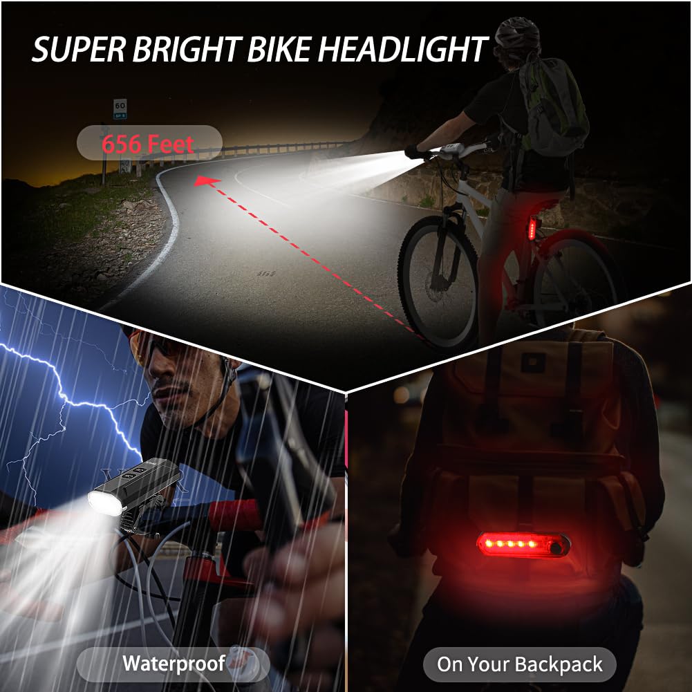 1200 lumens, 3 lumières LED pour vélo à monter la nuit, lumière de vélo super brillante avant et arrière, lampe torche rechargeable par USB, 13 modes d'éclairage étanches pour vélo