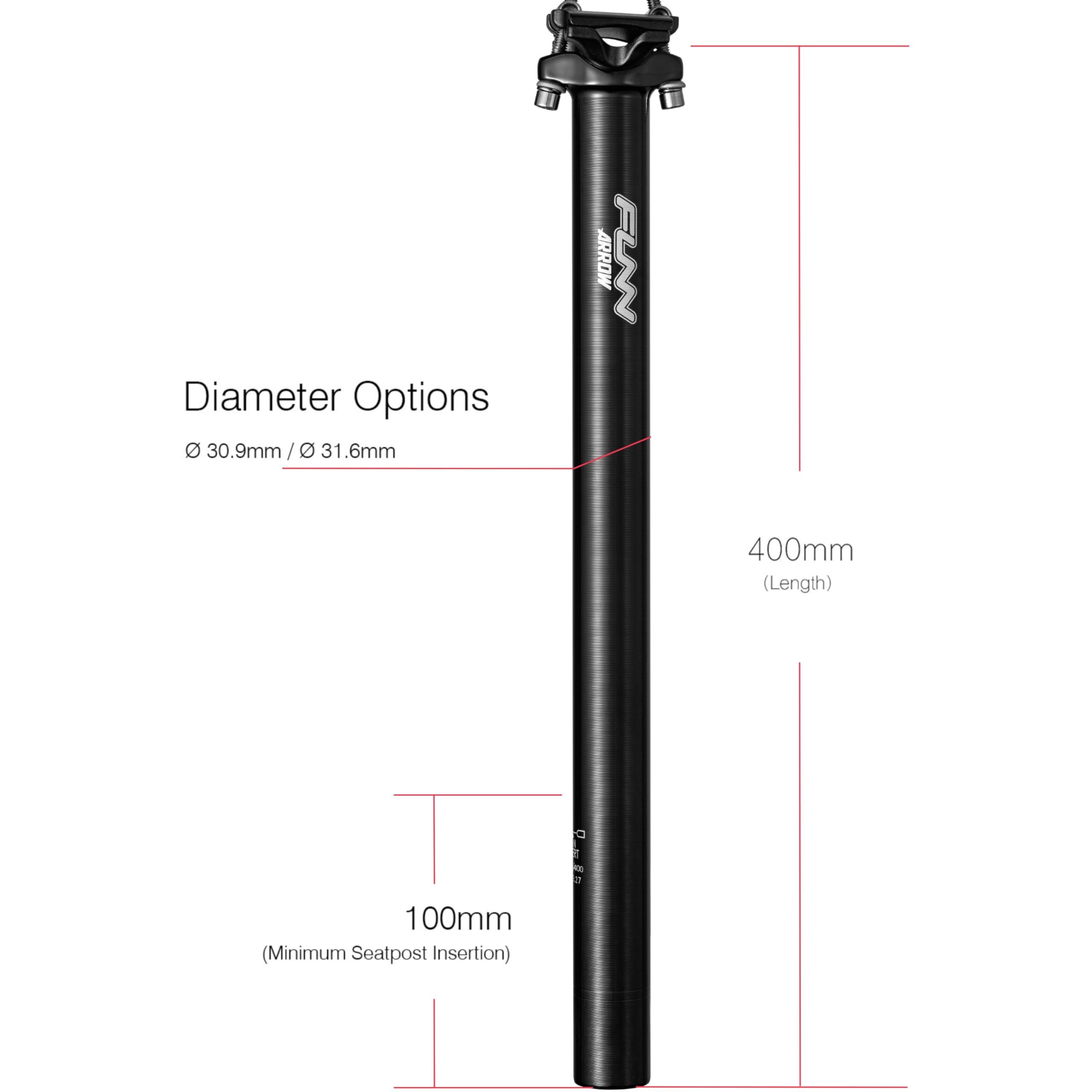 Funn Arrow Bike Seat Post, Length 400mm, Diameter 31.6mm, Aluminum Alloy AL7050, 3D Forged, One Piece Head and Shaft (Black) - Image 3