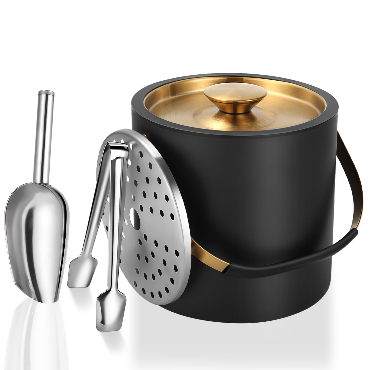 3.2L Cubitera Aislada, Cubitera Acero Inoxidable con Tapa de Silicona, Pinzas, Scoop, Colador, Aislamiento de Doble Pared con, Contenedor De Cubitos De Hielo para Bar de Cócteles, Fiestas, Champán
