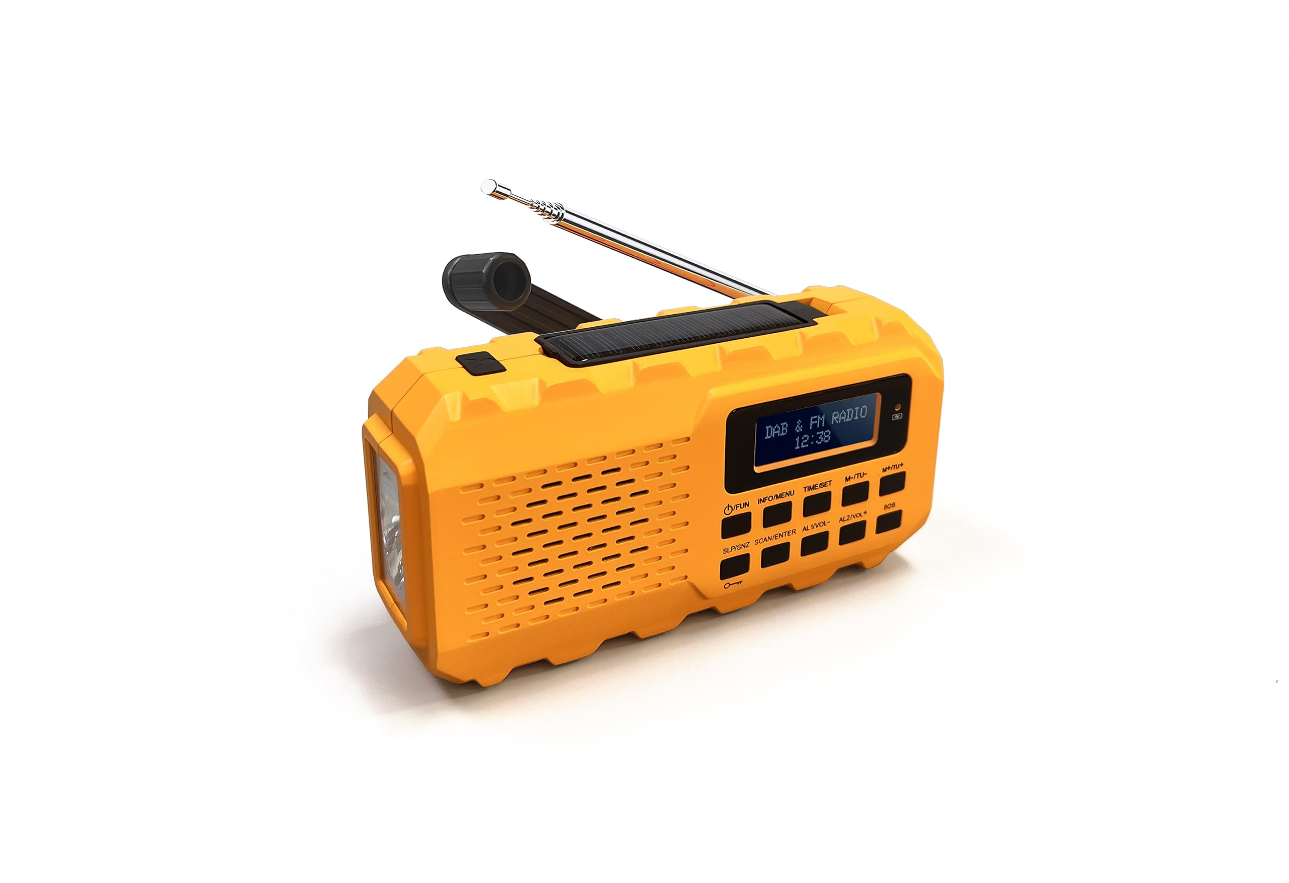 NEWTRO Ruota a manovella multifunzione DAB+/DAB/FM – Multifunzionale radio digitale con torcia elettrica, luce leggera, pannello solare, power bank, manovella, allarme SOS