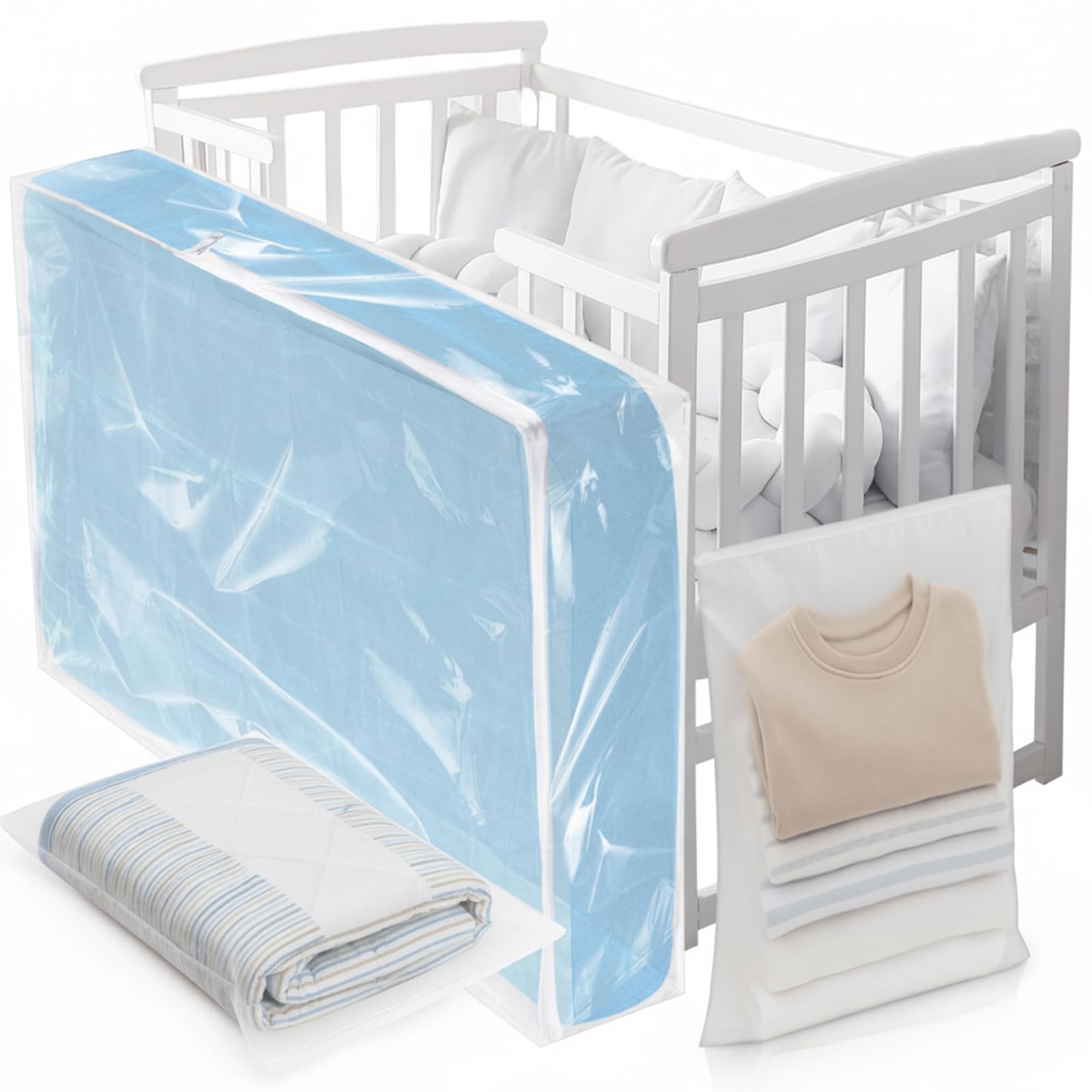Collingmill Crib Mattress Storage Bag - 4 Mil Clear Plastic Waterproof Zippered Cover (Fits Standard 52 x 28 Inch Mattresses) for Moving &amp; Long Term Storage, Includes 2 Accessory Bags