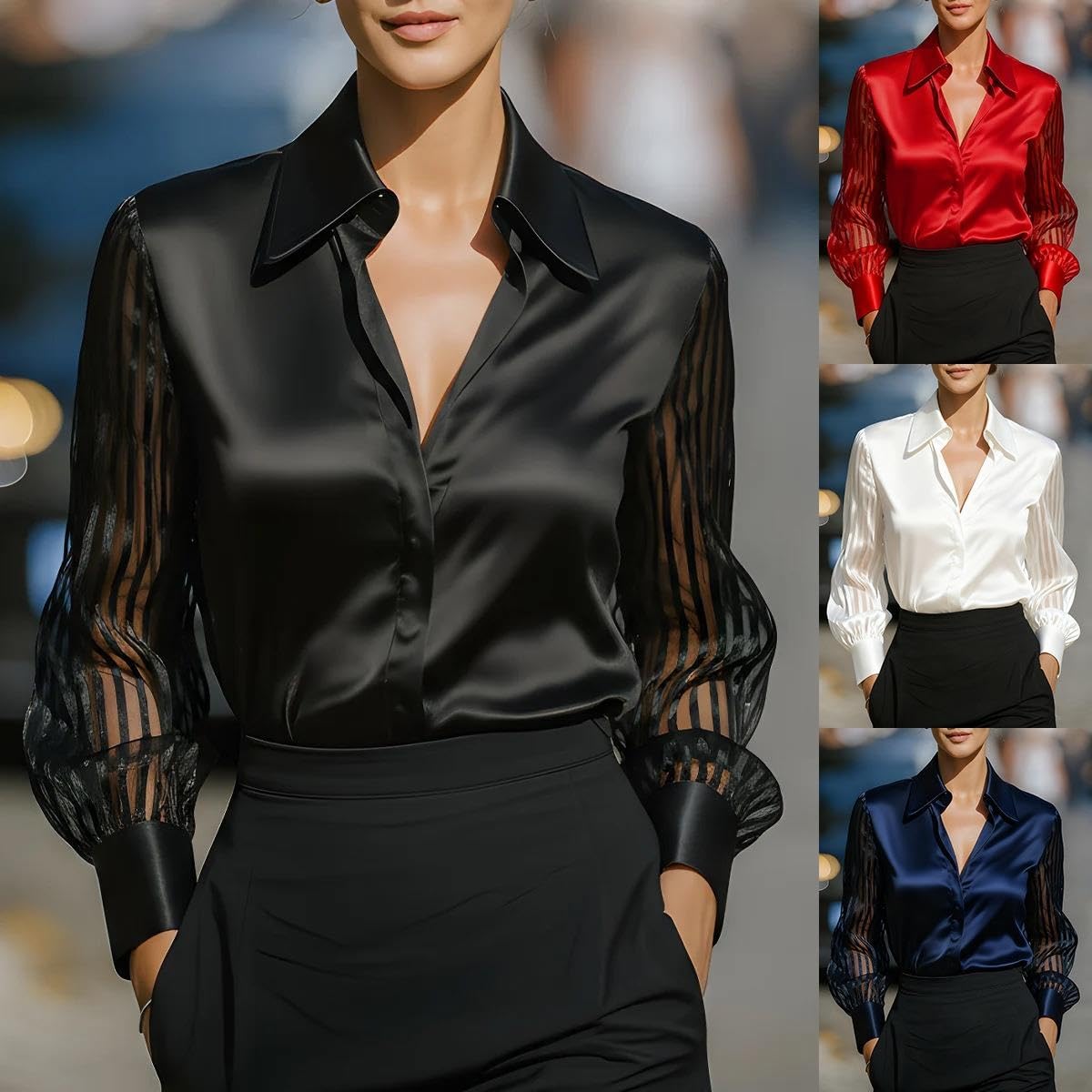 Chemise Femme Satin Col en V Manches Longues Ample Chemisier Blouse