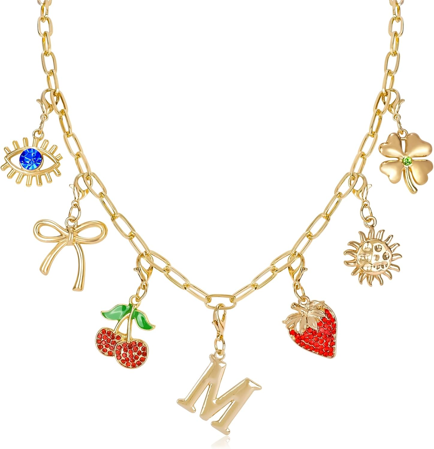 NEKOL Letter M Initial Charm Necklace for Women, Cherry