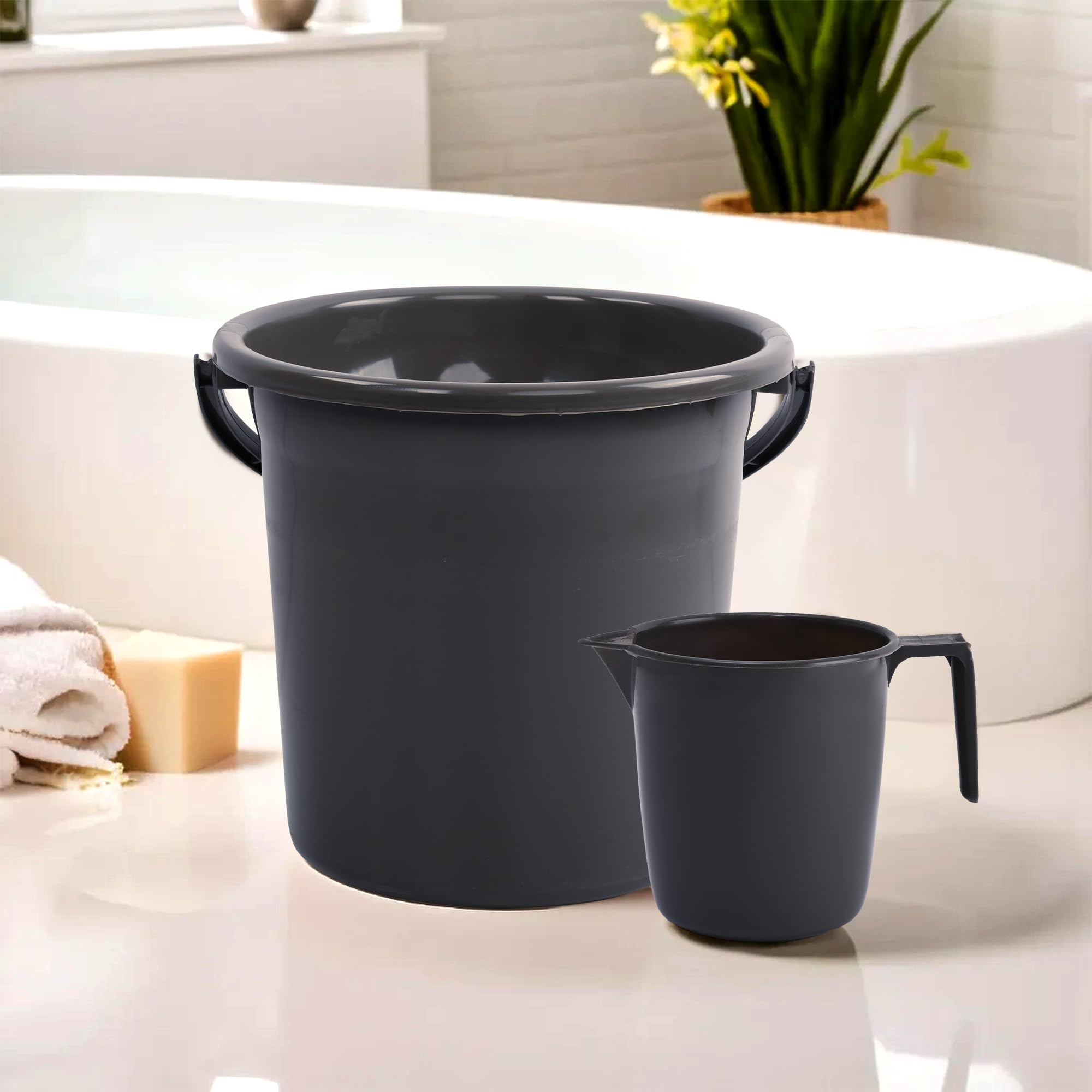 Kuber Industries Set of 2 Bathroom Combo Set for Bathing | Bucket & Mug Combo Set for Bathroom | Modern Bathware Accessories Set | Grey