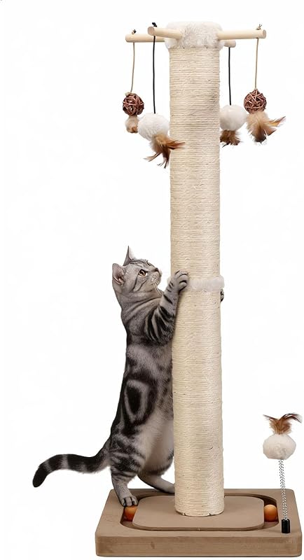Arranhador para Gatos com Poste de Sisal, Brinquedos com Bolas e Escova, PEEKAB, Bege, 83,82 cm