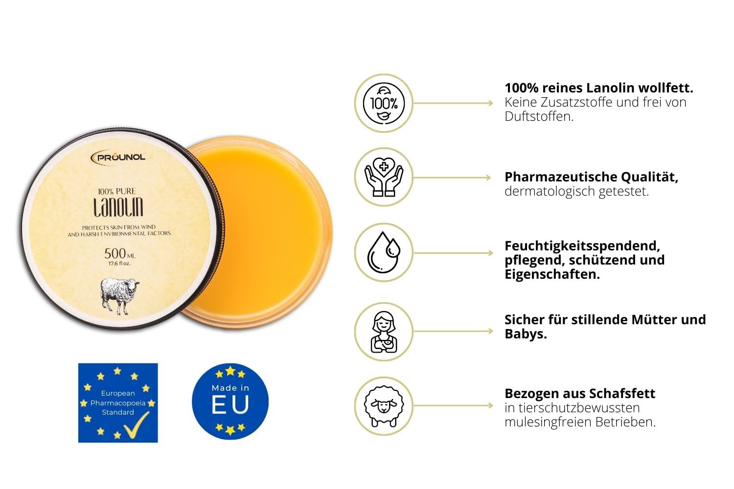 Prounol Lanolin Wollfett Anhydrat 500ml - Wasserfrei Zugabe für Kosmetik für Pflege Trockener Haut (Packung mit 2)