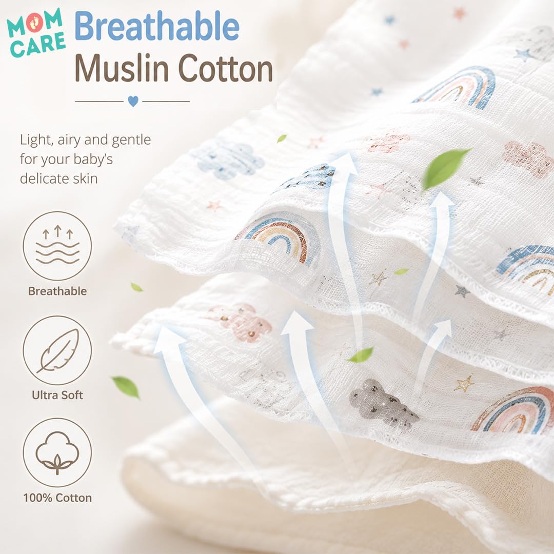 MOM CARE Baby Napkins for New Born | 6 Layer Muslin Baby Burping Cloth for New Born | Ultra Soft Reusable Cotton Face Towel | Highlys Absorbent Washcloth Feeding Wipes for Babies | Pack of 3 3