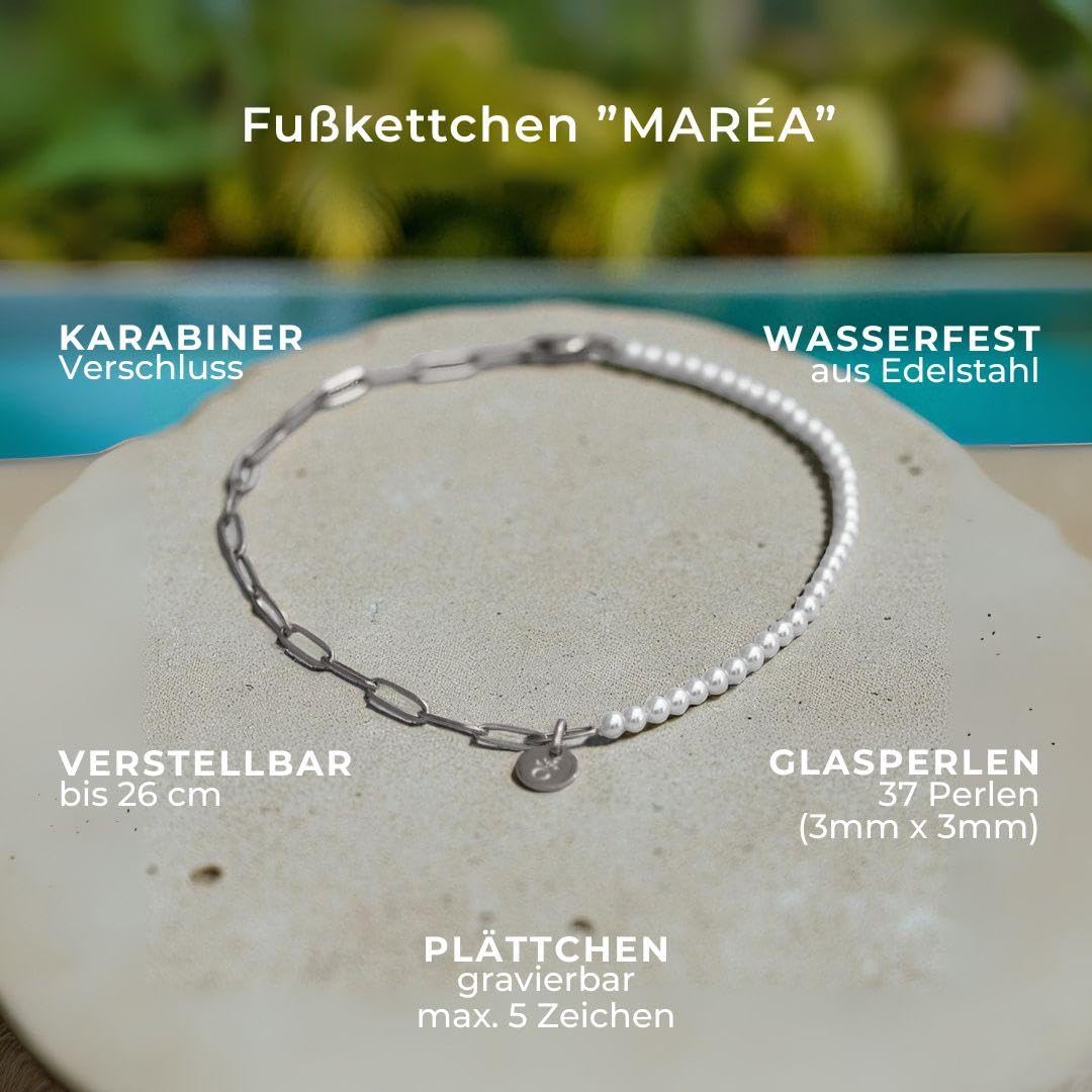 Amoonìc Fußkettchen für Damen aus Edelstahl mit Perlen Gold & Silber - Wasserfest & Verstellbar Zierliche Fußkette Sommer Schmuck Hautverträglich & Nickelfrei Fussketten für Frauen Geschenk Gravur