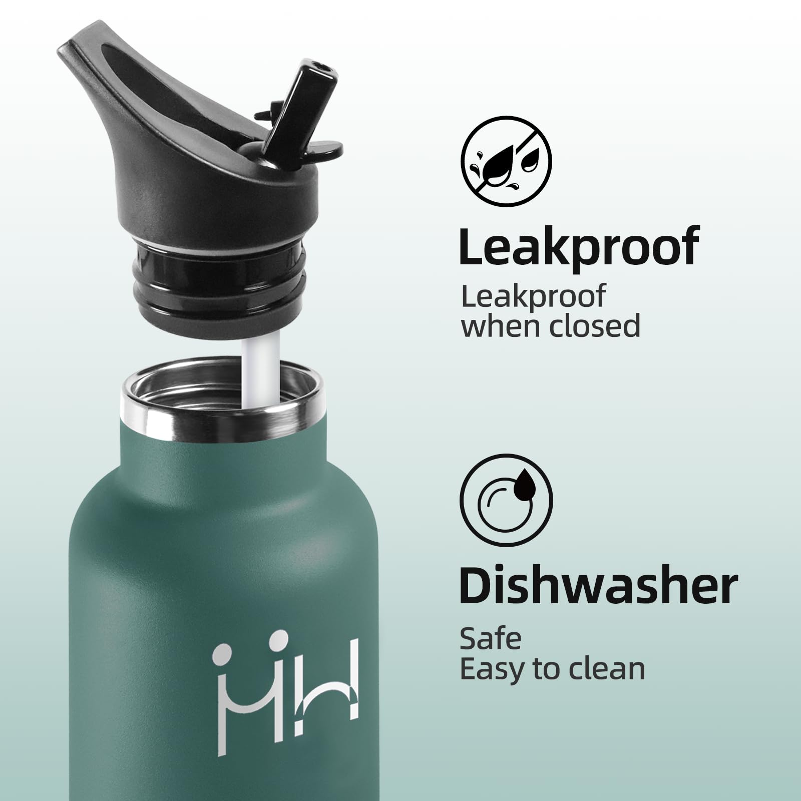 Borraccia Termica, 1000 ml Senza BPA, Borracce Termiche, 18/8 Acciaio Inossidabile, Borraccia Acciaio Inox, Bottiglia Acqua Con Cannuccia e 2 Coperchi, Borracce per Campeggio, Ufficio - Verde militare