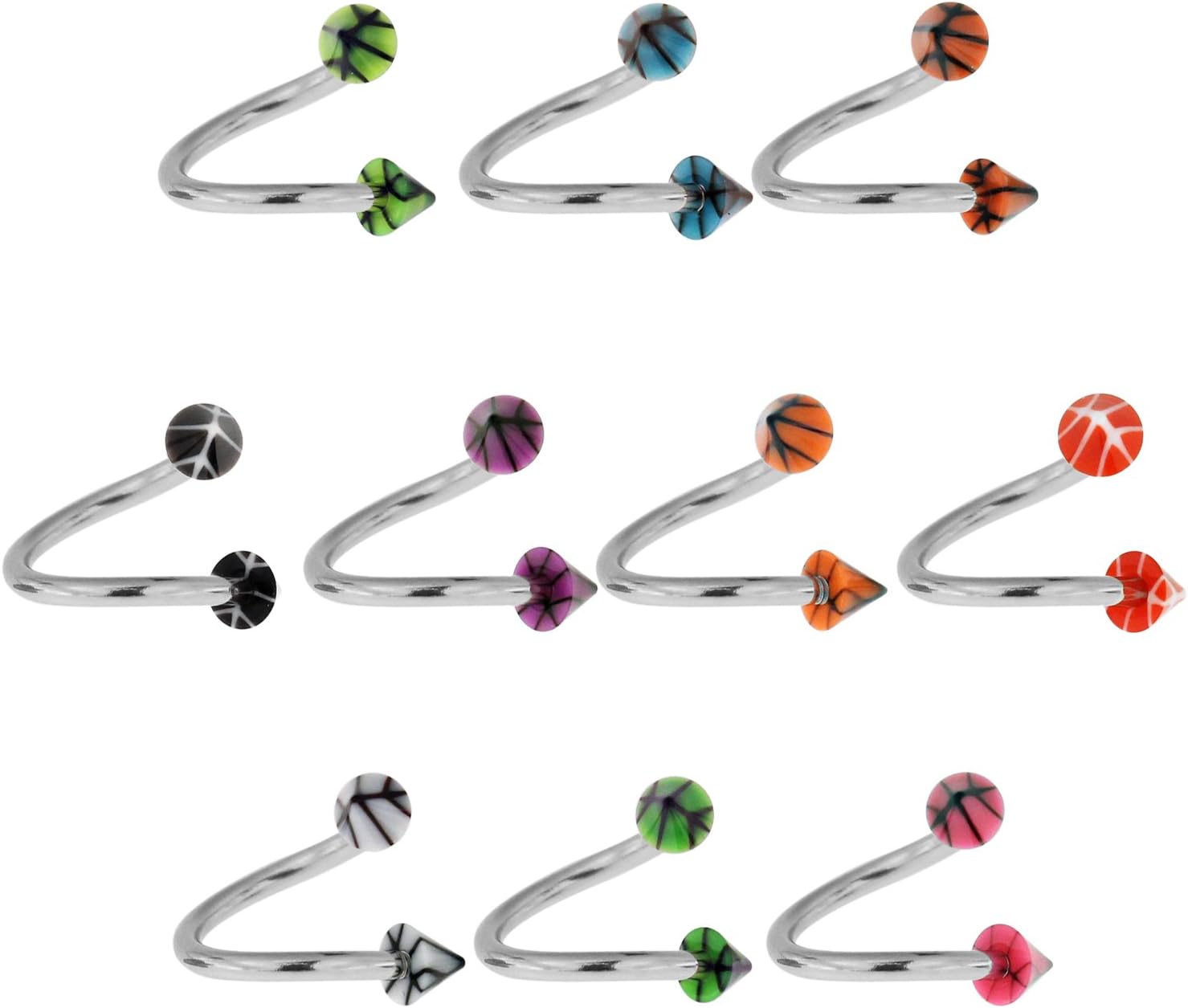 5 Pcs 316L Surgical Steel Spiral Barbell with 3MM UV Basketball Cone Body