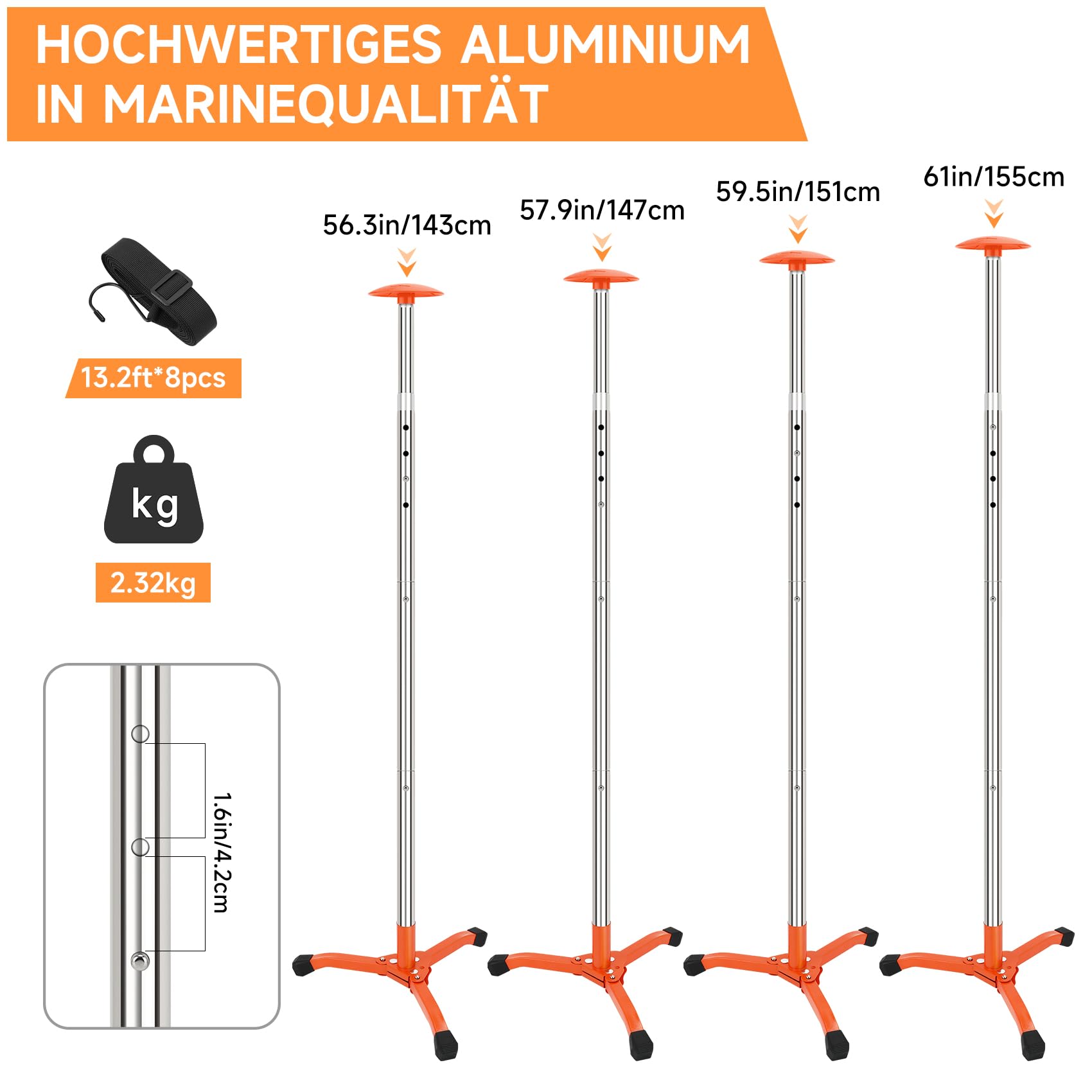 KOMCLUB Set 2 pali supporto copri barca telescopici in acciaio inox | Asta interamente in acciaio inox anti-corrosione marina, Kit completo con 8 cinghie resistenti dotate di ganci metallici