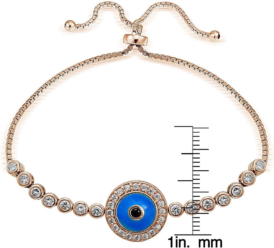 Rose Gold Flash Sterling Silver Blue CZ Cubic Zirconia Blue Enamel Hamsa Evil Eye Adjustable Bracelet