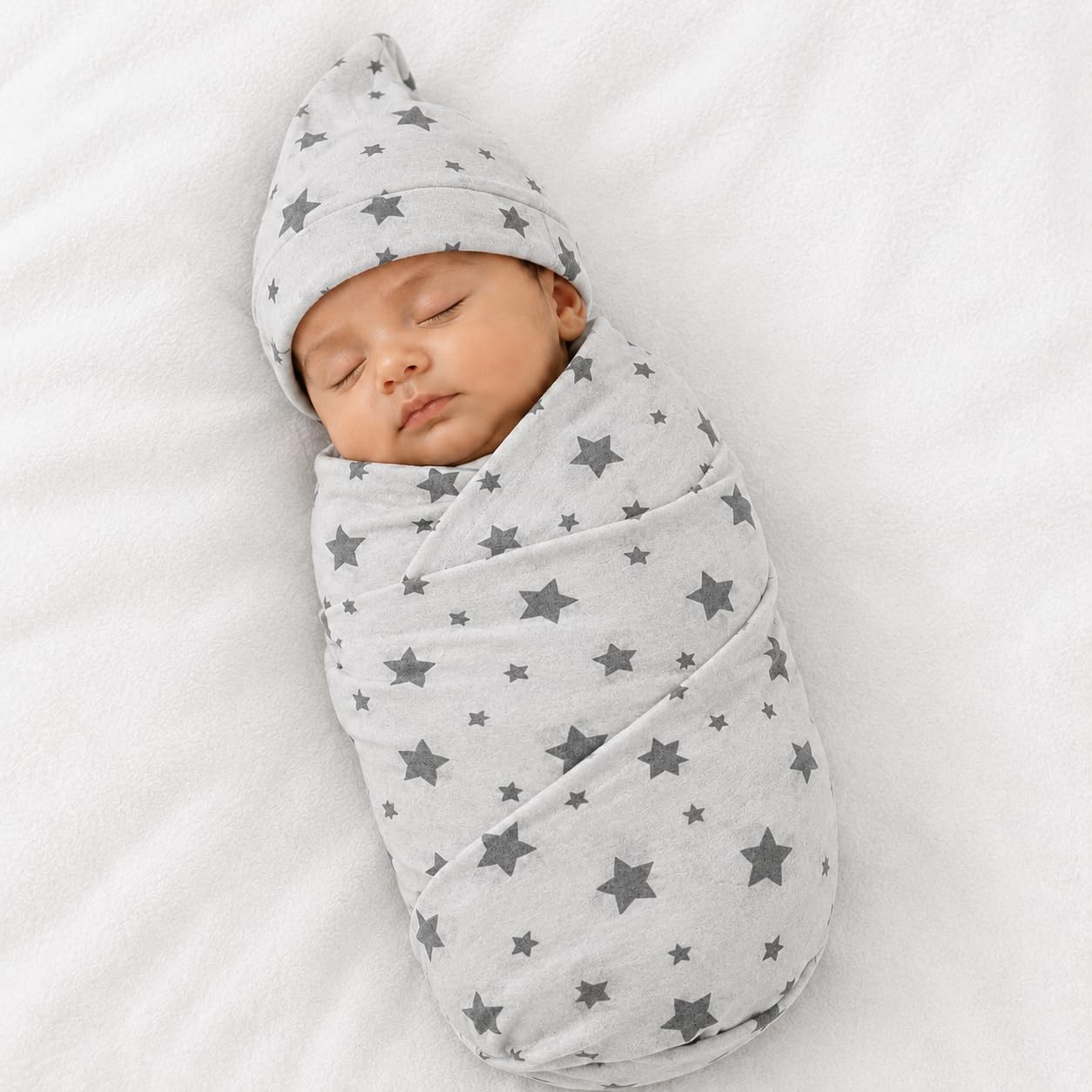 Baby Swaddle Wrap with Cap | 100% Cotton Newborn Receiving Blanket | Soft Breathable Baby Wrapper for Boys & Girls | Grey Star Print | 75 x 100 cm-image-0