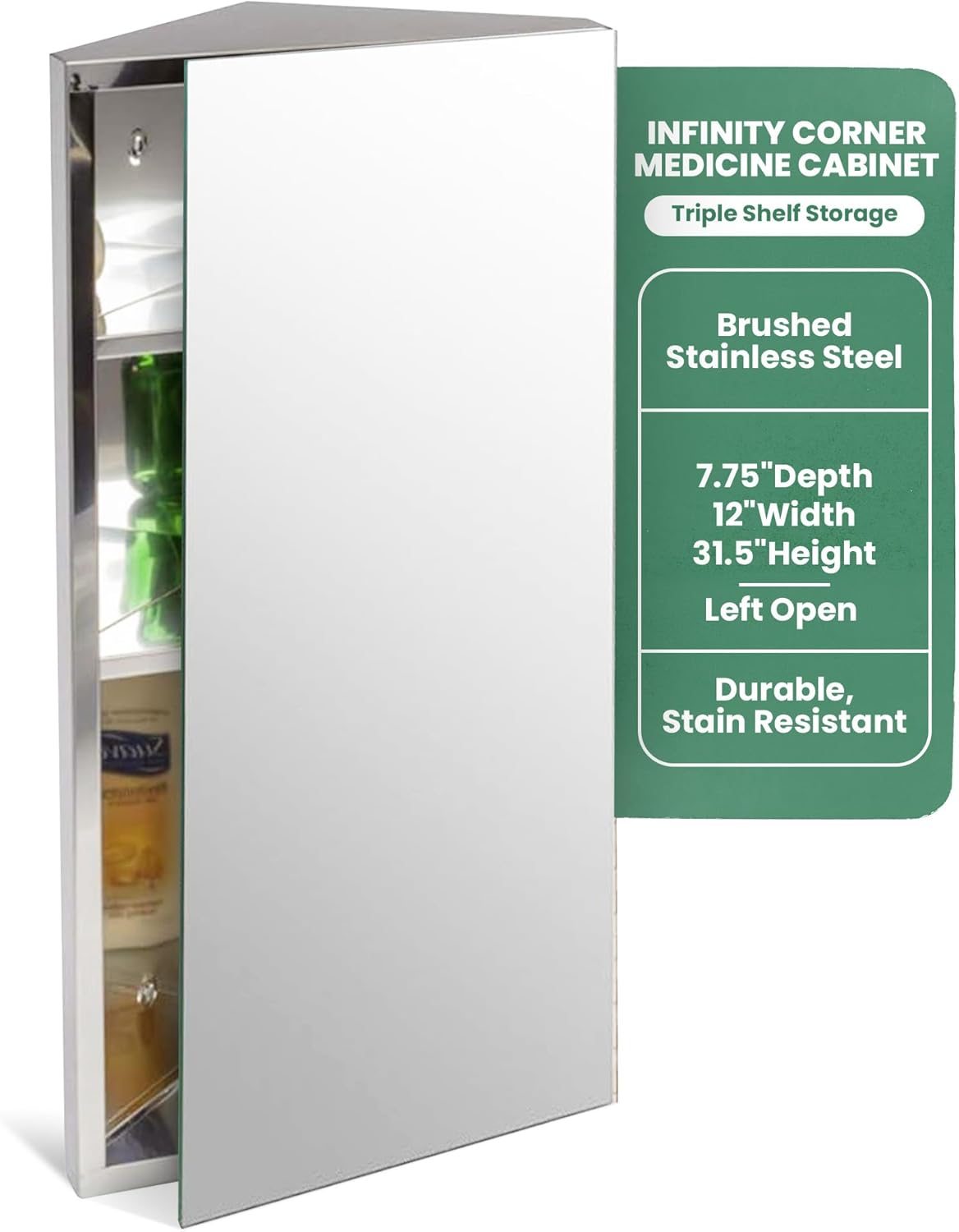 Renovators Supply Infinity Corner Medicine Cabinet with Mirror - Triple Shelf Storage Cabinet - Modern Wall Mount Medicine Cabinet - 31.5 in., Left Open, Brushed Stainless Steel, Pack of 1
