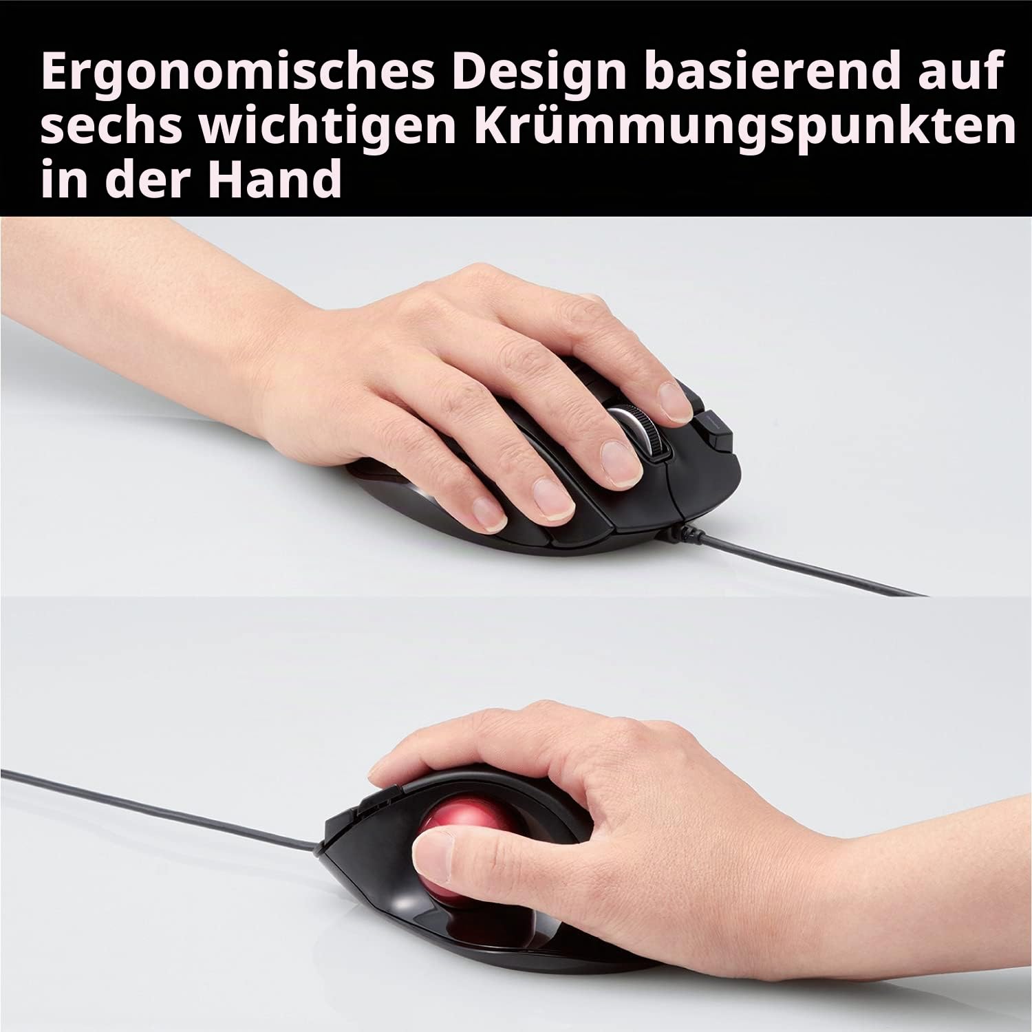 ELECOM EX-G Trackball-Maus, kabelgebunden, Daumensteuerung, ergonomisches Design, 5-Tasten-Funktion mit reibungslosem Tracking, ergonomisches Design, optischer Gaming-Sensor, glatter roter Ball,