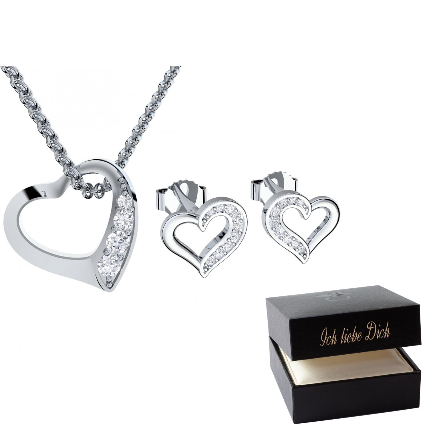 Schmuckset Herzkette Silber 925 und Herz Ohrringe von AMOONIC mit Zirkonia