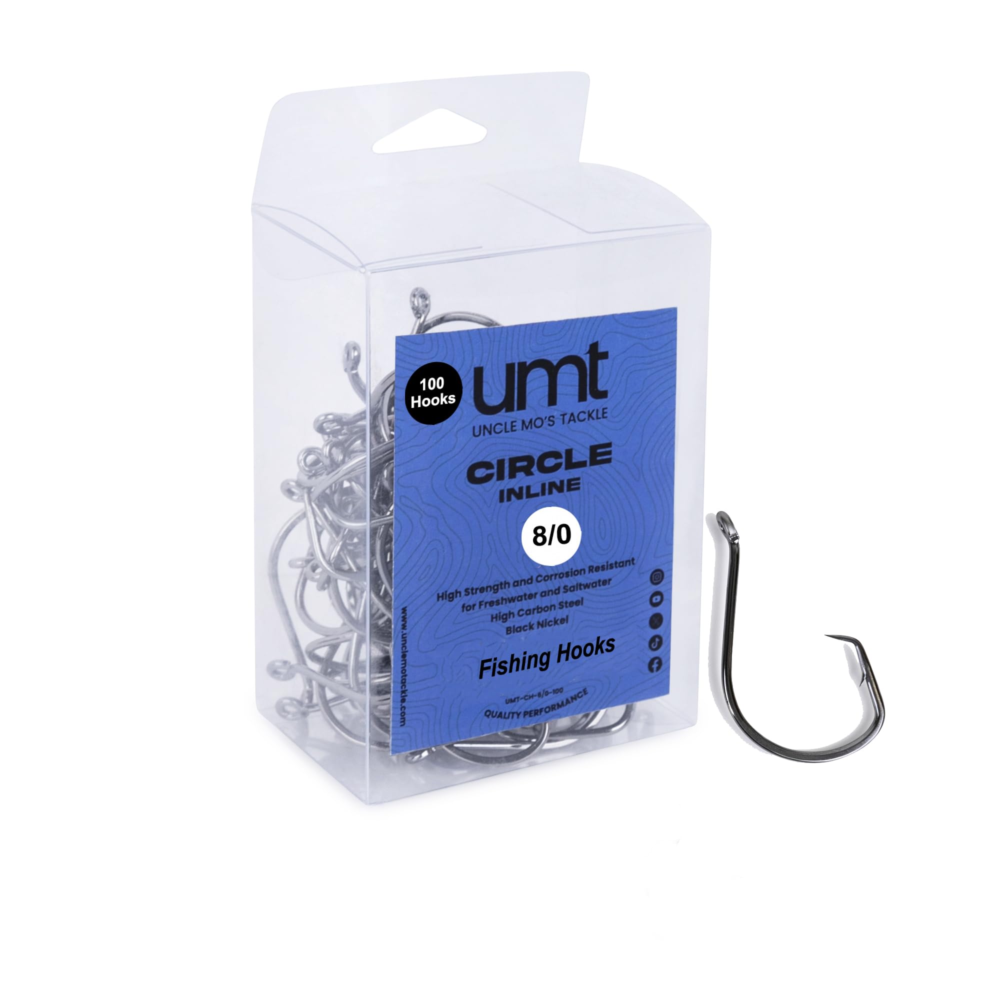UMT - 100 Pack Inline Fishing Circle Hooks Sizes 4/0 6/0 8/0 Black Nickel High Carbon Steel Superior Terminal Tackle Saltwater and Freshwater