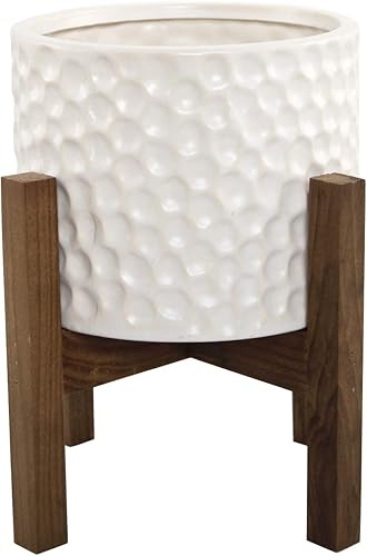 Flora Bunda Maceta de cerámica de colmena de 7.75 pulgadas de alto y 5.5 pulgadas de apertura en soporte de madera de mediados de siglo, color crema