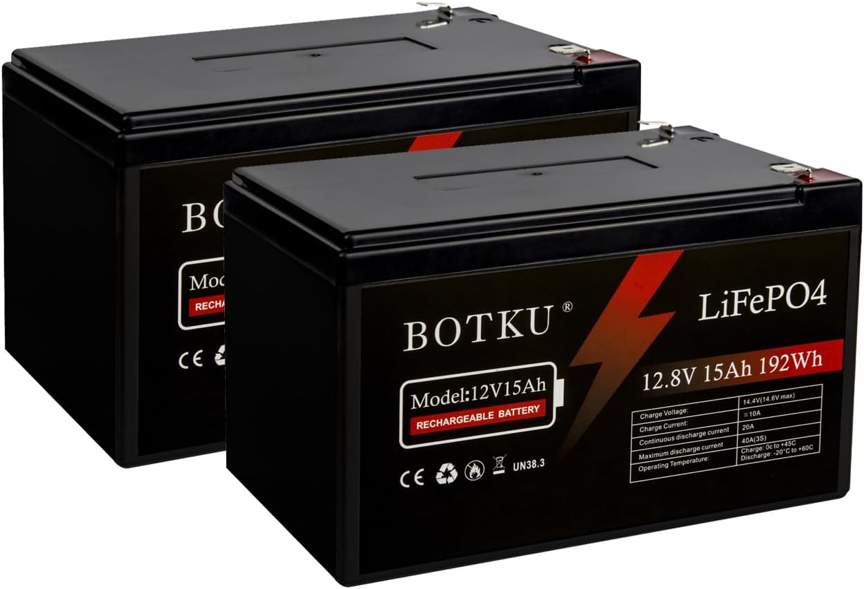 12V 15Ah Lithium LiFePO4 Deep Cycle Battery 2 Pack, 3000+ Cycle Rechargeable Lithium Iron Phosphate Battery for Solar, Fish Finder, Power Wheels, Lighting, Off-Grid Applications with 20A BMS