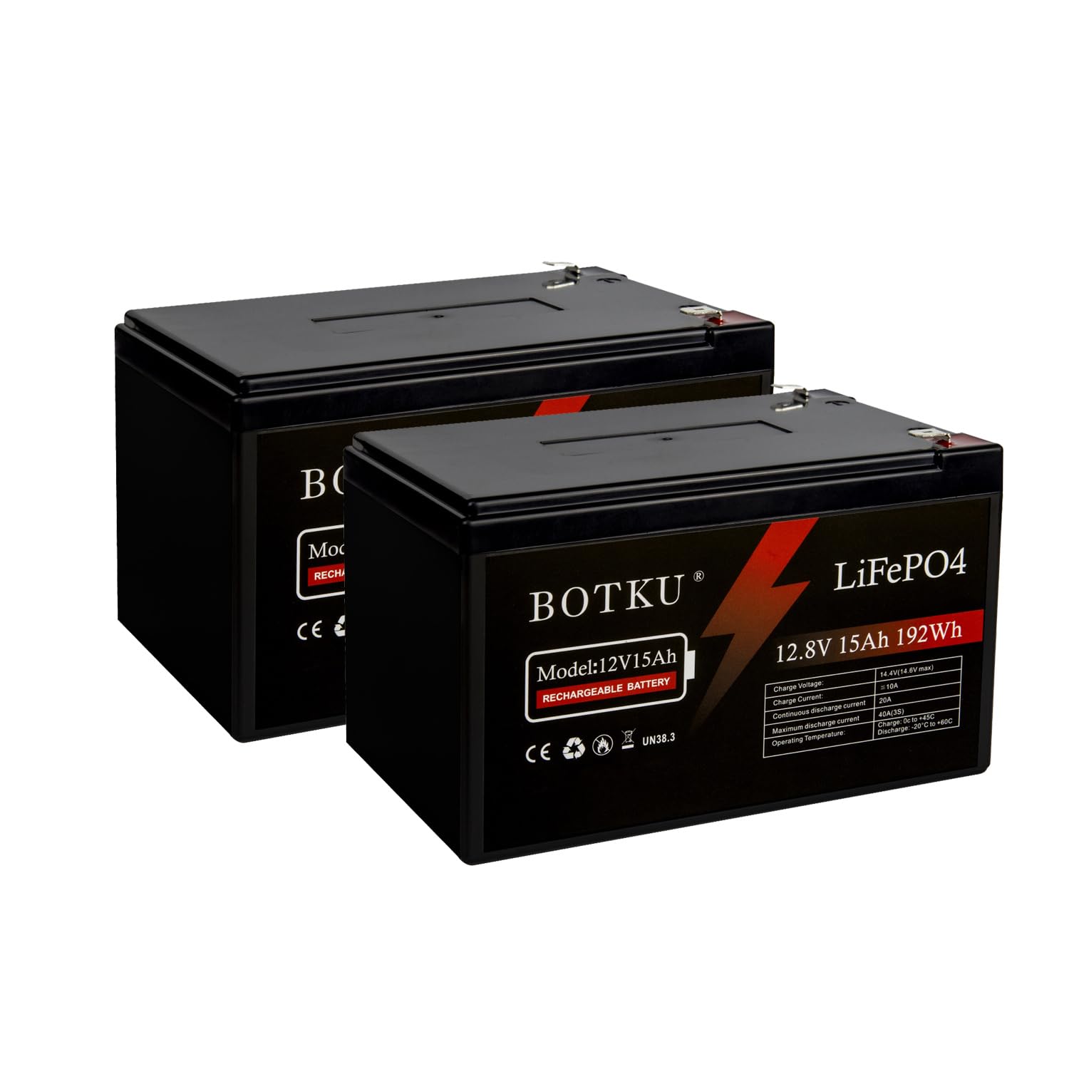 BOTKU 12V 15Ah Lithium LiFePO4 Deep Cycle Battery 2 Pack, 3000+ Cycle Rechargeable Lithium Iron Phosphate Battery for Solar, Fish Finder, Power Wheels, Lighting, Off-Grid Applications with 20A BMS