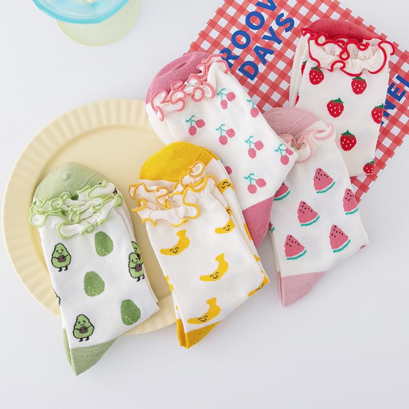Image of Gellwhu Cute Ruffle Fun Socks for Women Lettuce Edge Novelty Funky Cool Fruit Frilly Strawberry Cherry Crew Socks