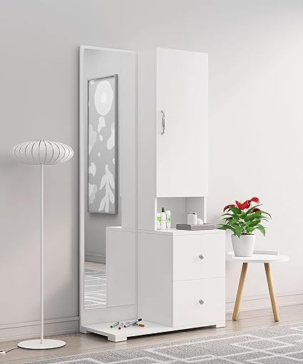 Furnilife Wooden Dressing Table for Bedroom with 2 Drawer, Mirror for Bedroom- White Color(WxHxD):60x180x49cm, Suitable for Bedroom, Laundry Room, Closet, etc.