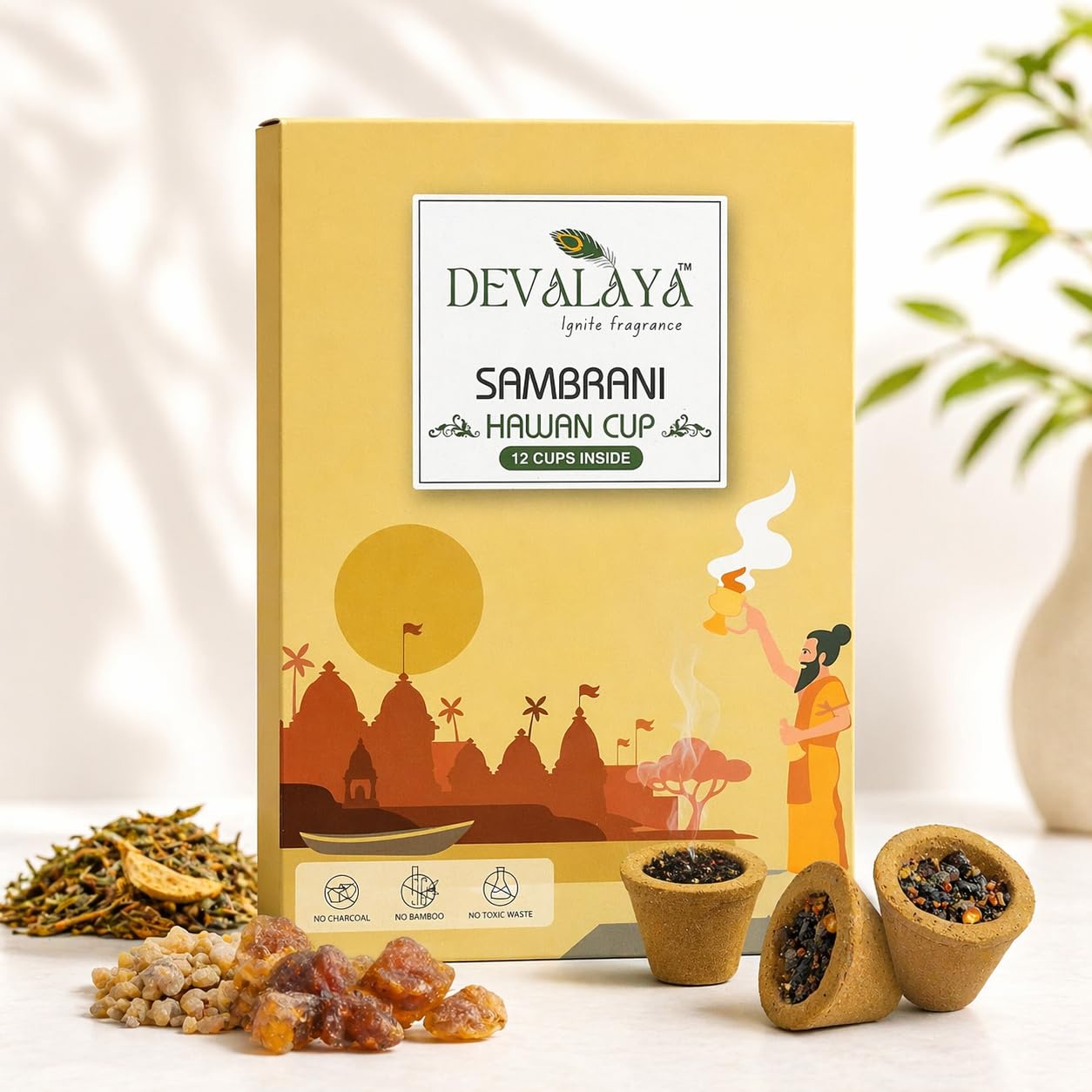 DEVALAYA Sambrani Havan Cups for Pooja (12 Cups, Pack of 1), 100% Organic & Charcoal-Free, Infused with Orignal Guggal & Natural Loban, Hawan Samagri & Bhimseni Kapoor, No Artificial Scent