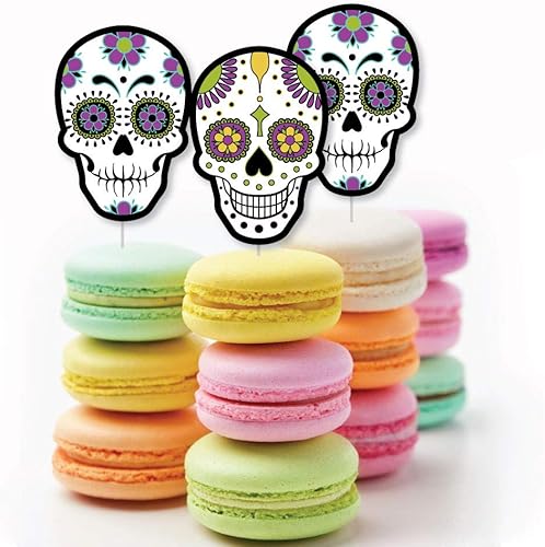 Miniatura 4 de Big Dot of Happiness Día de los Muertos - Decoración para cupcakes de postre - Calavera de azúcar de Halloween - Selecciones transparentes para