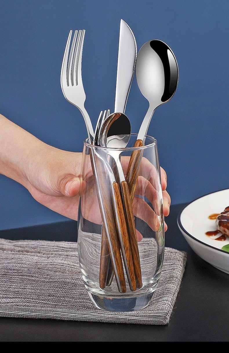 Generisch Dieses 5-, 20-, 30-, 40-, 50- oder 60-teilige Besteckset aus Edelstahl mit portugiesischen Holzimitatgriffen besteht aus Messer, Gabel und Löffel (Gold, 8-teiliges Set, 40-teilig).