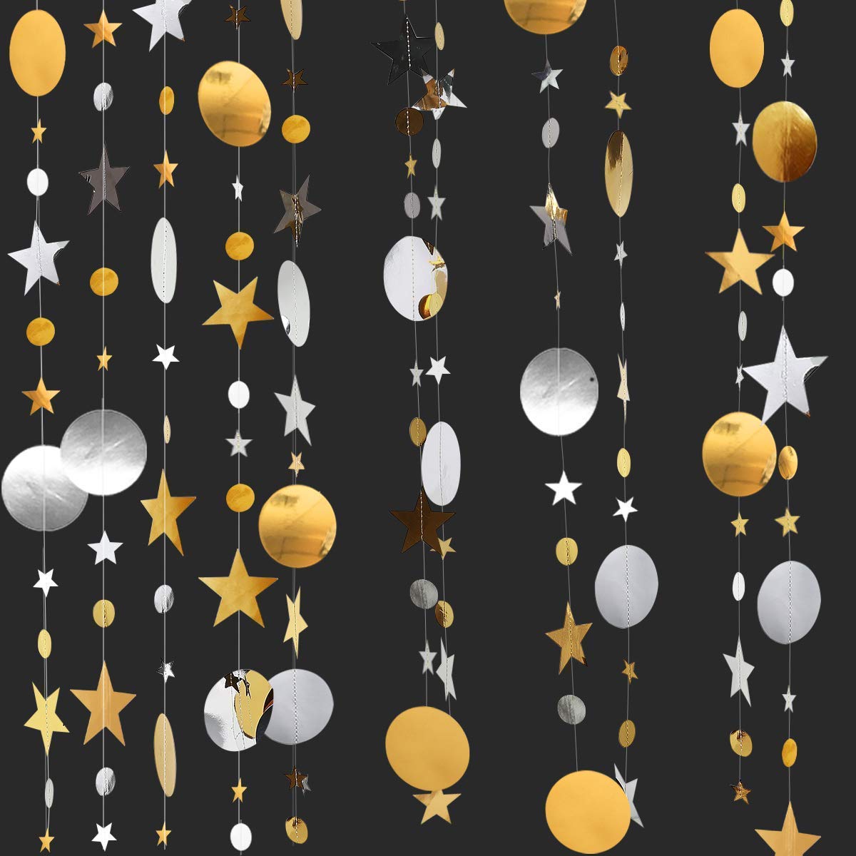 CASA DECOR Guirnalda de Estrellas metálicas para Colgar en Fiestas, Papel Brillante 3D, con Purpurina en múltiples Formas