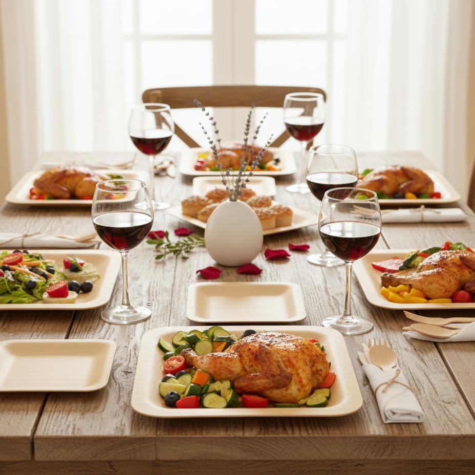 Disposable Premium Genuine Bamboo Plates & Pre-Rolled Cutlery Party Sets - 10" & 7" Bamboo plates - Elegant Spoon, Knife, Fork Set in Tissue Paper for Special Events - For 25 Guests - Image 5