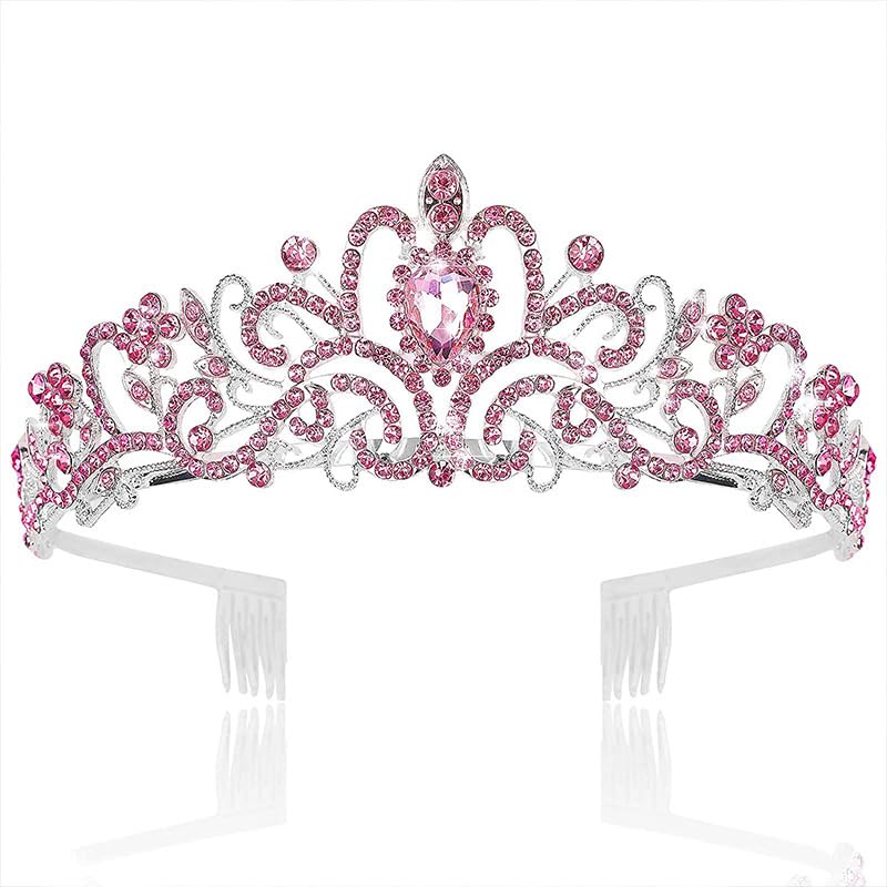 Bridal Princess Girl Tiara and Rhinestone Crown Headband Hair Accessories for Women Wedding Ceremony Party (Silver Plating + Pink diamonds)-image-40