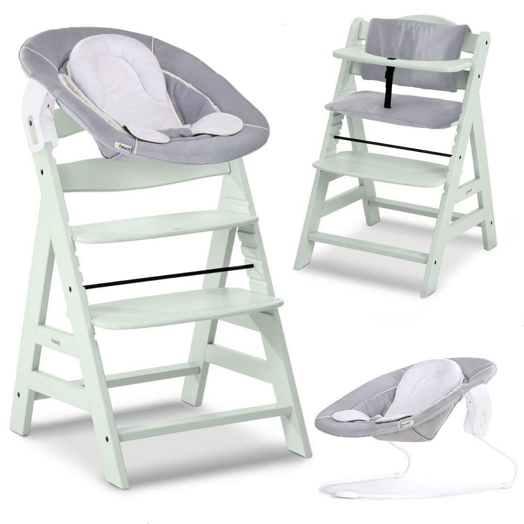 hauck Chaise Haute Bébé Évolutive Alpha Plus avec Insert Nouveau-né 2-en-1 – Utilisable dès la Naissance avec Réducteur Amovible et Coussin d’Assise Inclus, Idéal pour Repas - Menthe | Chaise haute en bois pour enfant de la naissance jusqu'à 90 kg - Avec
