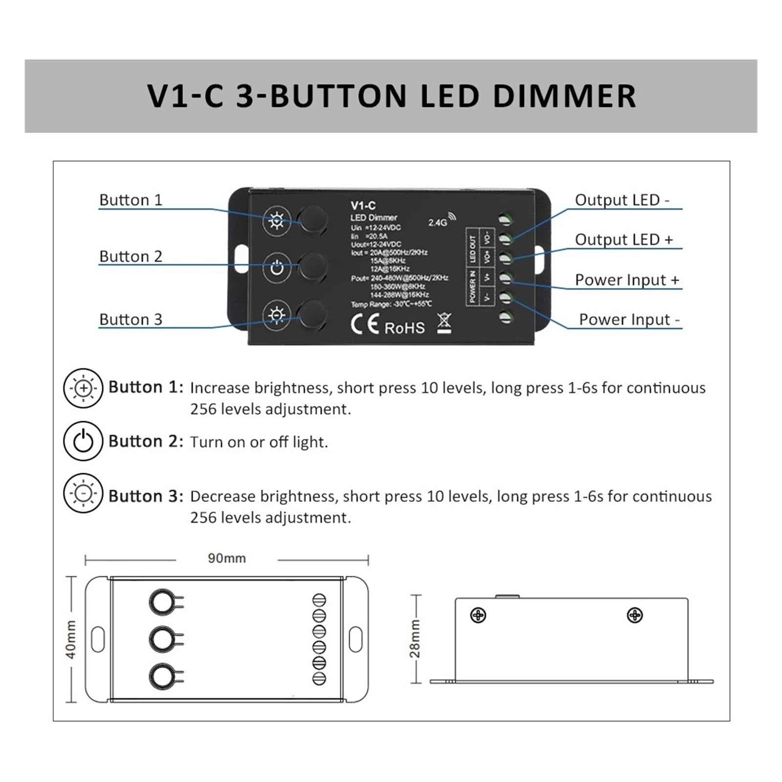 V1-C LED-Dimmer, 12 V, 24 V, PWM-Frequenz einstellbar, 2,4 G RF, Touch-Fernbedienung, einfarbige LED-Lichtleiste, 12-Volt-Dimmer(V1-C and R1 Set)