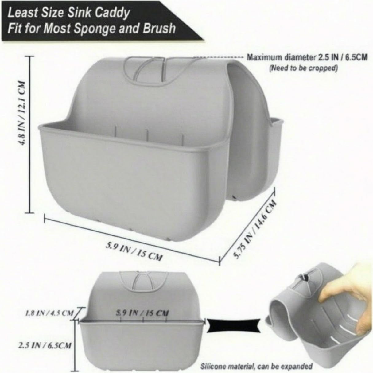 Panier d'évier en silicone – Organiseur de cuisine pour éponges et brosses à vaisselle – Support de robinet de salle de bain (gris)