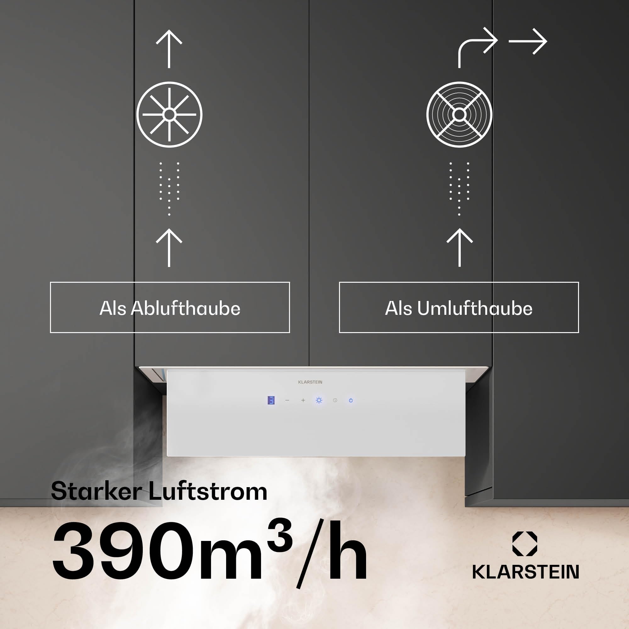 Klarstein Ventimate Dunstabzugshaube Unterbau 60cm Touch-Bedienfeld 390 m³/h A+ DC-Motor LED Weiß
