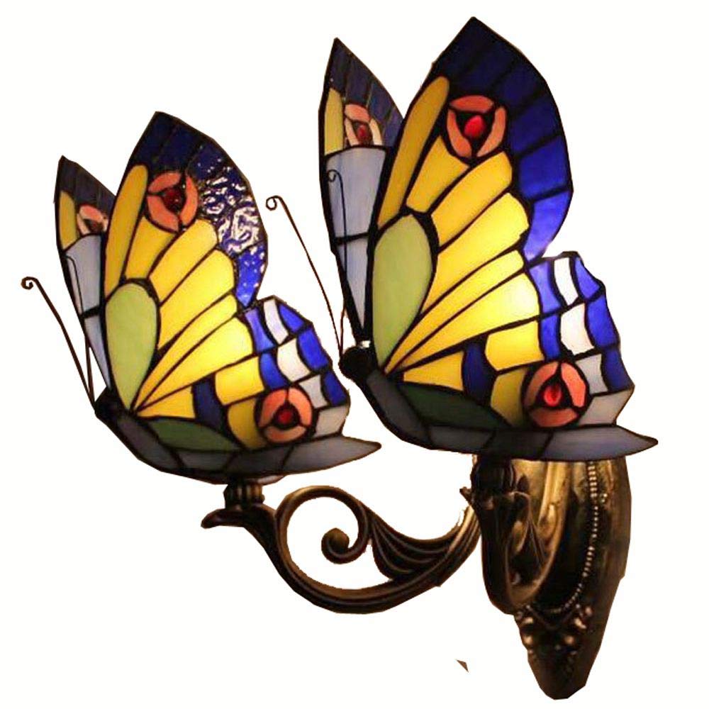 Tiffany Glass Butterfly Club Corridor Wall Light Alloy Bronze Arms Bedroom Bedsides Stair Case Wall Sconce Villa Balcony Hallway Porch Wall Lighting Fixtures (E)