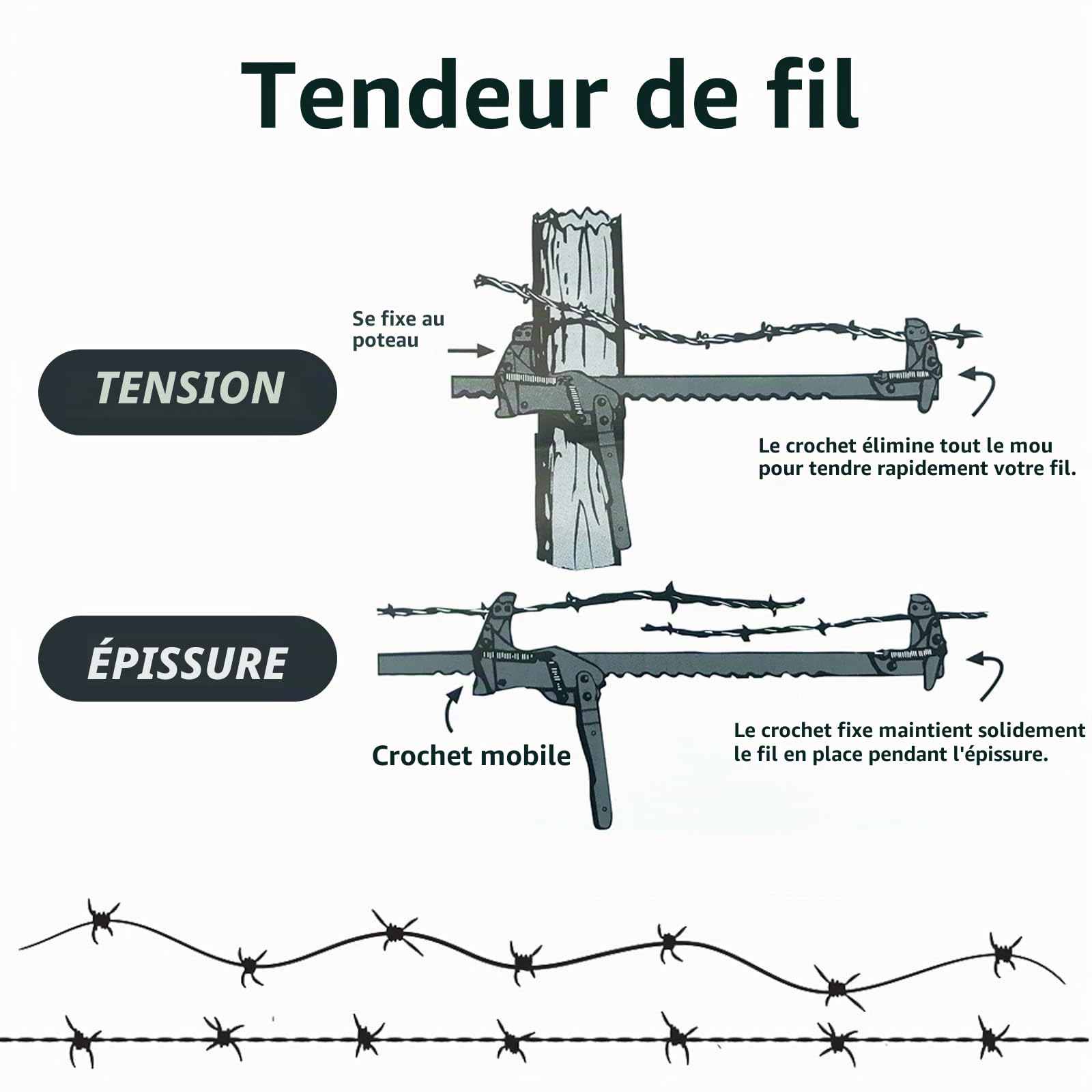 Tendeur de clôture barbelé acier inoxydable cliquet | Robuste avec design à cliquet, portable, en acier inoxydable, pour réparation de clôture barbelé.