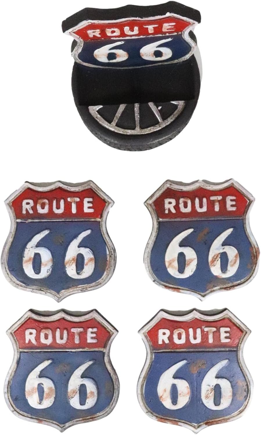 Ebros Gift Vintage Classic Road Trip Iconic Route 66 Sign Plate Coasters with Truck Tire Wheel Holder Base Figurine Set 4" Long Kitchen Table Bar Countertop Furniture Surface Protector Accent