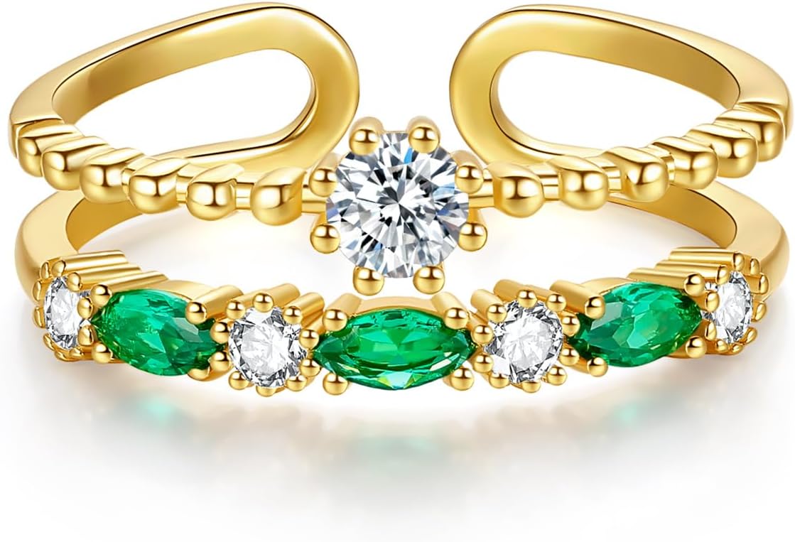 Rings Silver Accessory for Women Green Cubic Zirconia Adjustable Stackable Trendy Dainty Vintage Ring Gifts