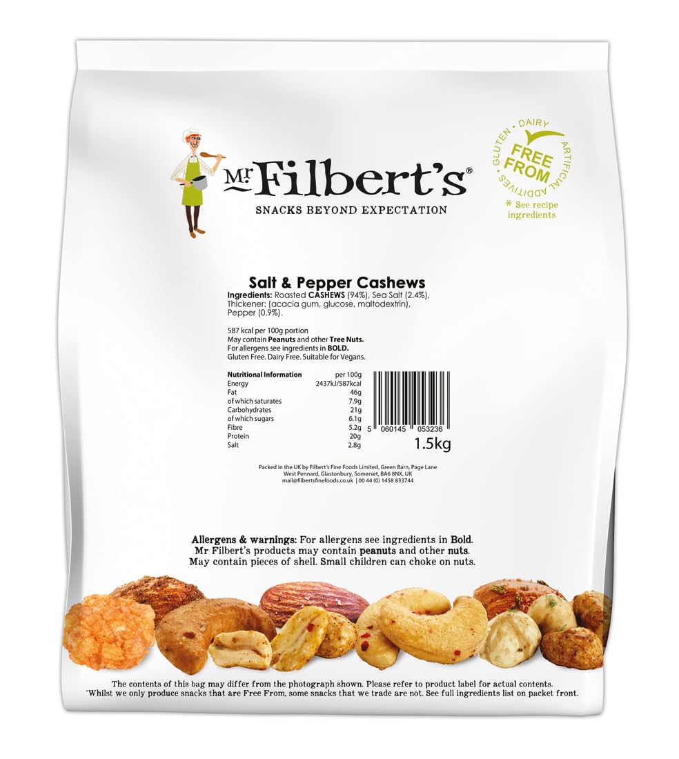 Mr Filbert's Salt & Pepper Cashews – 1.5kg Bulk Pack | Oven Roasted & Tumbled in Sea Salt & Black Pepper | Vegan, Dairy & Gluten Free Snack